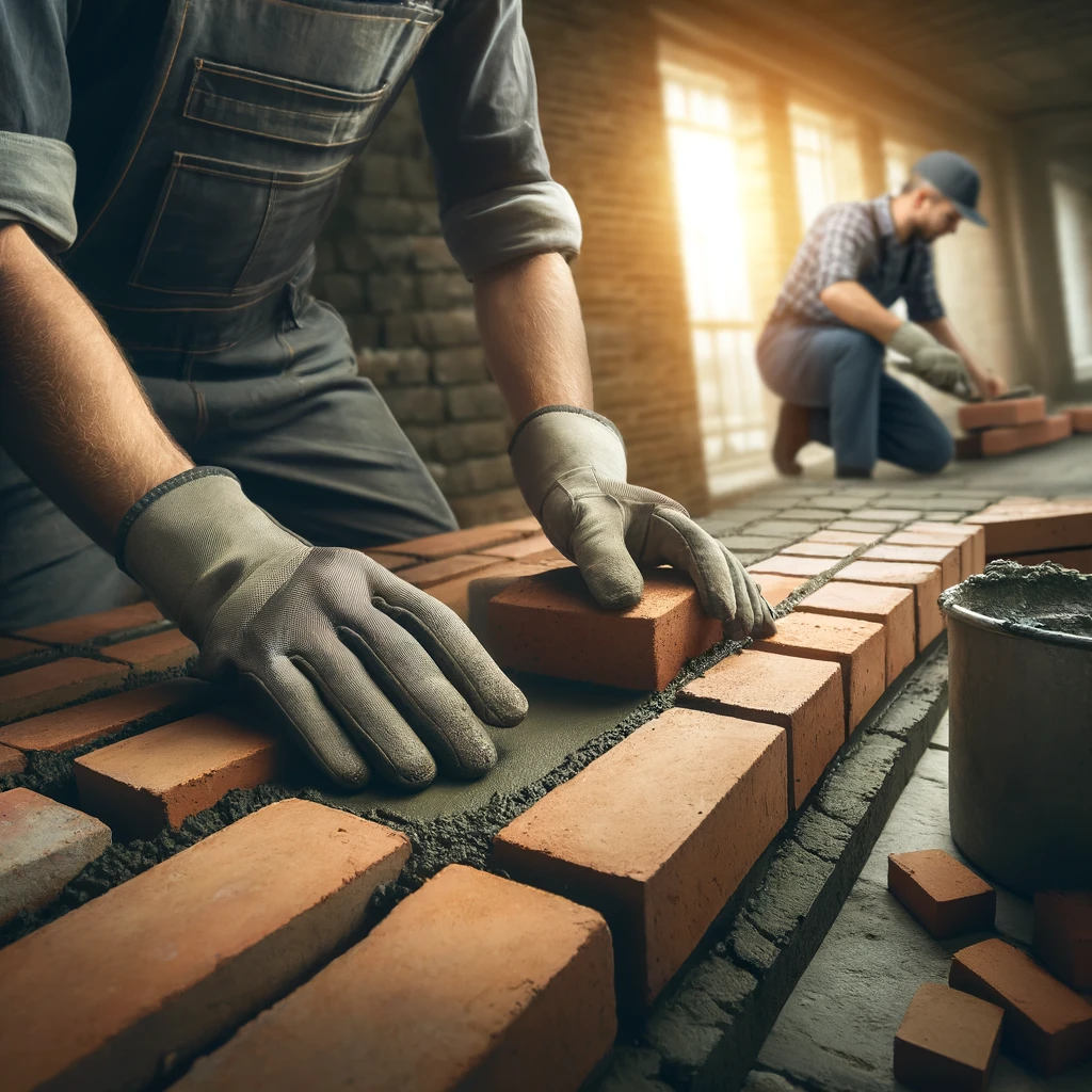 DALL·E 2024 04 02 09.58.52 A professional and engaging image representing a masonry company. The scene shows skilled workers in protective gear, laying bricks with precision and
